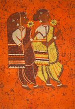 A batik painting depicting two Indian women.