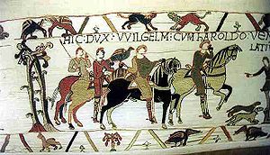 King William I and King Harold II of England, Bayeux Tapestry. Bayeux hawking.jpg