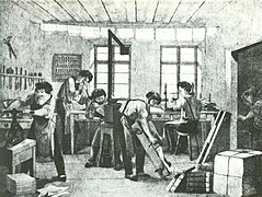 Atelier de reliure vers 1850.