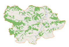 Mapa konturowa gminy Ciężkowice, blisko centrum na lewo znajduje się punkt z opisem „Jastrzebia, kościół św. Bartłomieja Apostoła”