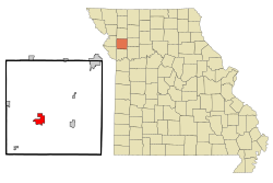 普拉茨堡在柯林頓縣及密蘇里州的位置（以紅色標示）
