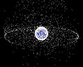 Image 26A computer-generated image mapping the prevalence of artificial satellites and space debris around Earth in geosynchronous and low Earth orbit (from Earth)