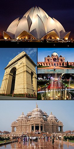 From top clockwise: Lotus temple, Humayun's Tomb, Connaught Place, Akshardham temple and India Gate.