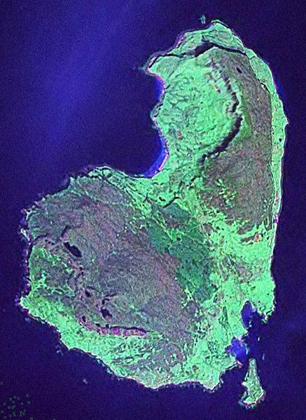 Satellite view of Eigg (Landsat image viewed using NASA World Wind software). Eilean Chathastail is the island in the bottom right of the picture