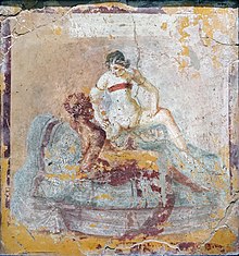 The "woman riding" position was a favorite in Roman art; here, the breasts remain covered, but the "mound of venus" is depilated Erotic scene Pompeii MAN Napoli Inv27686.jpg