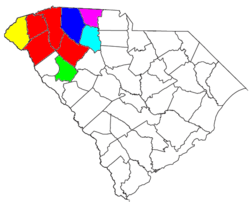 Location of the Greenville-Spartanburg-Anderson CSA, which coincides with Upstate South Carolina, and its components:   Greenville–Anderson–Mauldin Metropolitan Statistical Area   Spartanburg Metropolitan Statistical Area   Greenwood Micropolitan Statistical Area   Seneca Micropolitan Statistical Area   Gaffney Micropolitan Statistical Area