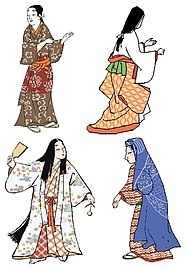 Manières de porter le kosode . En haut à gauche : porté comme une robe cache-cœur ; en haut à droite : épaules koshimaki ; en bas à gauche : porté comme une robe sans ceinture sur un autre kosode dans le style uchikake en bas à droite : porté sur la tête dans le style katsugi