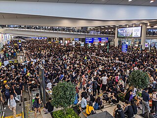 Protesters in the arrival halls in the Hong Kong International Airport