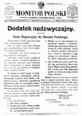 "Monitor Polski" от 7 октября 1918 года с Декларацией независимости Польши.