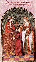 A 15th century manuscript image of King Ferdinand II of Aragon and Queen Isabella I of Castile, the Catholic Monarchs.
