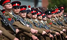 Children from age 16 in the British Army, on parade at the Army Foundation College, Harrogate, UK Junior-soldiers-at-a-graduation.jpg