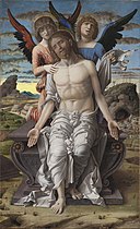 De dode Christus ondersteund door twee engelen - Andrea Mantegna