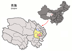 Guinan County (light red) within Hainan Prefecture (yellow) and Qinghai
