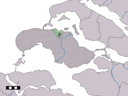 The town centre (dark green) and the statistical district (light green) of Brouwershaven in the municipality of Schouwen-Duiveland.