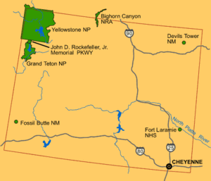 Map of Wyoming (USA), showing NPS sites of Nat...