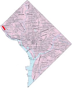 Карта Вашингтона, округ Колумбия, с Потомакскими высотами, выделенными красным