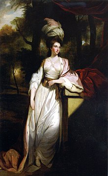 Dramatic old painting of a woman wearing a white dress with a fur-edged cloak and a large turban with feathers.