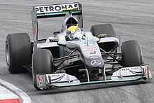 Nico Rosberg scored Mercedes's first podium finish as a works team since 1955 at the 2010 Malaysian Grand Prix Nico Rosberg 2010 Malaysia race.jpg