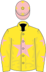 Yellow, pink star, pink stars on sleeves, pink cap, yellow stars