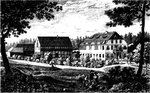 Herrenhaus (rechts) und Wirtschaftsgebäude sowie Familienmitglieder im Killisch von Horn-Park in Pankow, um 1865