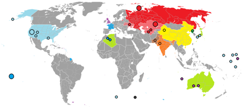 Over 2,000 nuclear tests have been conducted in over a dozen different sites around the world. Red Russia/Soviet Union, blue France, light blue United States, violet Britain, yellow China, orange India, brown Pakistan, green North Korea and light green (territories exposed to nuclear bombs). The Black dot indicates the location of the Vela incident. Rael Nuclear use locations world map.png