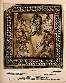 Seven named physicians and botanists of the Classical world from Vienna Dioscurides. Clockwise from top center: Galen, Dioscorides, Nicander, Rufus of Ephesus, Andreas of Carystus, Apollonius Mus or of Pergamon, Crateuas Seven named physicians and botanists of the Classical world. Wellcome V0006669.jpg