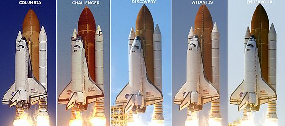Shuttle launch profiles. From left: Columbia, Challenger, Discovery, Atlantis, and Endeavour Shuttle profiles.jpg