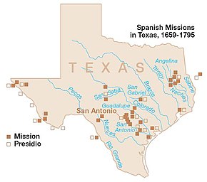 Spanish missions within the boundaries of what is now the state of Texas. Land north of the missions was controlled by the Comanche, Apache, Wichita, and Caddo confederacy. Spanish Missions in Texas.JPG