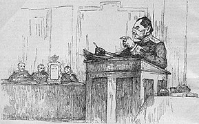 Dessin. Port-Arthur : l'audience du tribunal militaire du 22/1/1908. La mise en accusation du procureur militaire. Magazine Spark n° 4. 1908
