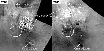 2004年7月至2005年6月期间，土卫六南极区低地平原阿拉基斯平原上出现了一些新的黑色特征，后被解释为由2004年10月在该地区观测到的云团降水所产生的新液态烃体。