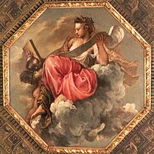 painting of allegorical female figure seated on cloud
