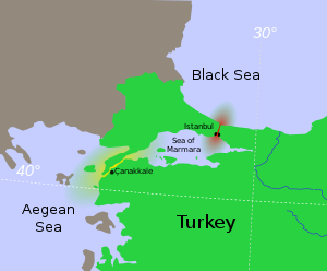 Босфор (красный), Дарданеллы (желтый) и Мраморное море между ними вместе известны как Турецкие проливы.