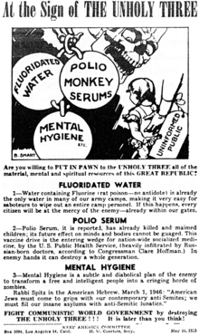 Flier issued in May 1955 by the Keep America Committee urging readers to "fight communistic world government" by opposing public health programs Unholy three.png