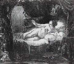 Femme nue, couchée, dans un lit.