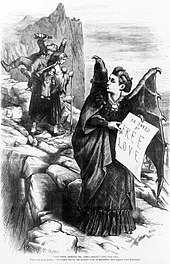 Cartoon by Thomas Nast portraying Victoria Woodhull as an advocate of free love Victoria Woodhull caricature by Thomas Nast 1872.jpg