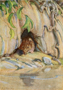 The Rat sits on the river bank, near the dark hole just above the flood level, his eyes caught looking at the water’s edge. Drawn by Paul Bransom.