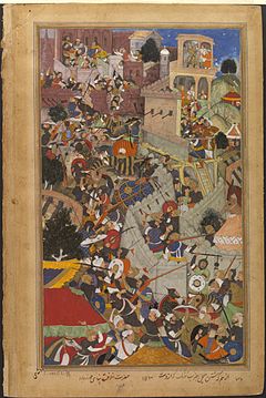 The Mughal Emperor Akbar shoots the Rajput warrior Jaimal during the Siege of Chittorgarh in 1567 Akbar shoots Jaimal at the siege of Chitor.jpg