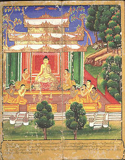 Gautama Buddha surrounded by his followers. Illustration from an 18th-century Burmese watercolour, Bodleian Library. Bodleian MS. Burm. a. 12 Life of the Buddha 13-14.jpg