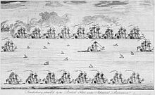 British Admiral Edward Boscawen besieged Pondicherry in the later months of 1748. Bombardement de Pondichery en 1748 par la flotte anglaise.jpg