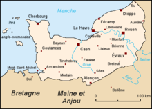 Une carte du Duché de Normandie, montrant l'emplacement de Caen