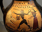Antike korinthische Vase mit Darstellung von Ketos, Perseus und Andromeda