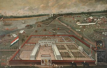 Feitoria da Companhia Holandesa das Índias Orientais (VOC) às margens do rio Ganges em Bengala. Pintura de Hendrik van Schuylenburgh (1620-1689), realizada em 1665. (definição 2 500 × 1 594)