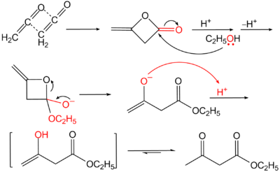Nucleofiele reactie van diketeen met ethanol tot ethylacetoacetaat.
