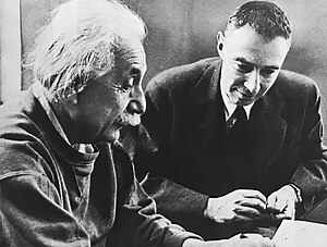 Albert Einstein (left) with J. Robert Oppenhei...