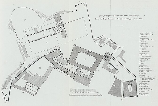 Das königliche Schloss und seine Umgebung. Nach der Originalaufnahme des Feldmessers Langer von 1694.