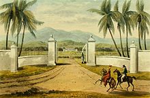 Drawing showing two riders in front of a large gate overlooking a white house in the distance