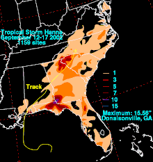 熱帶風暴的降雨總量圖，主要集中在美國東南部