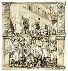 The Humiliation of Valerian by Shapur (Hans Holbein the Younger, 1521, pen and black ink on a chalk sketch, Kunstmuseum Basel) HumiliationValerianusHolbein.jpg