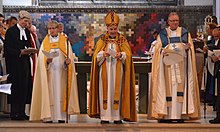 Left to right: Peter Hill, Bishop of Barking; Stephen Cottrell, Bishop of Chelmsford; Roger Morris, Bishop of Colchester Installation of The Bishops of Barking and Bradwell (15147477696).jpg