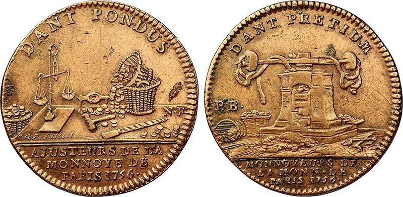 Coin of Corporation, Monnaie de Paris, 1756. Avers Description: Libra, baskets filled with coins and tools for making coins.